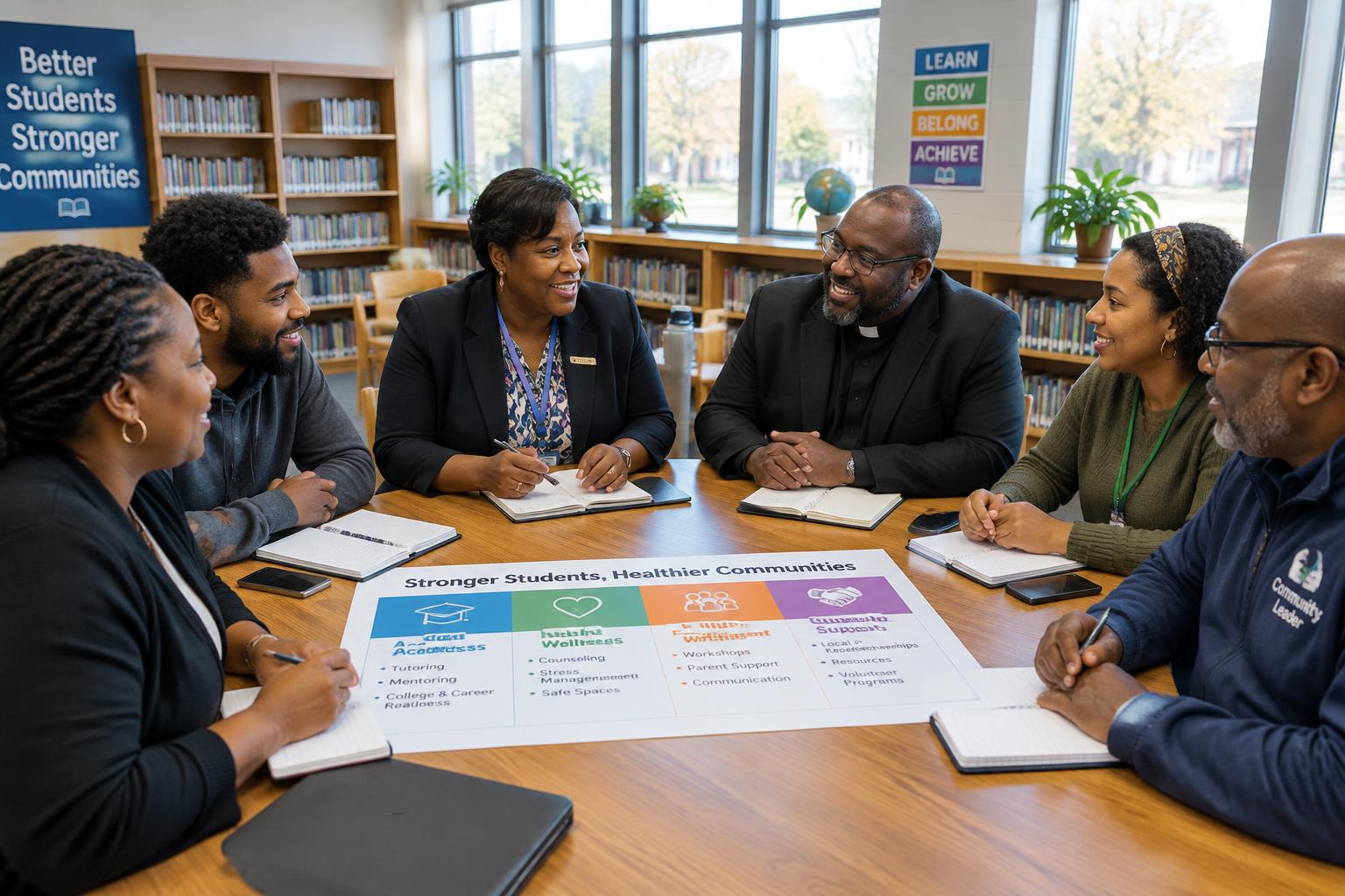 A principal, parents, a pastor and community leaders meeting around a table at a Broward school
